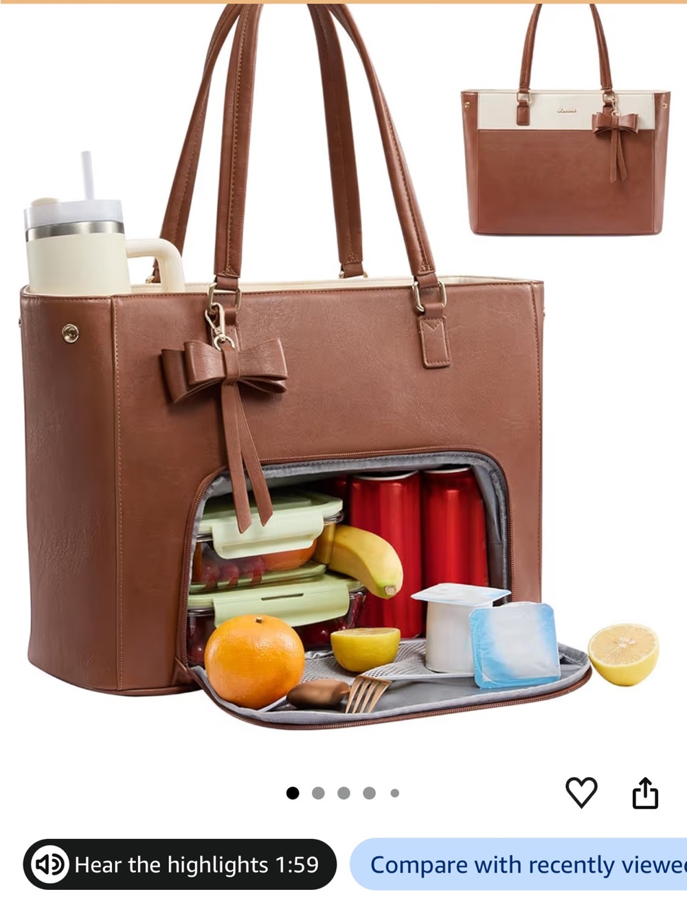 Brown Insulated Tote Bag with Front Cooler Pocket and Bow Accent
